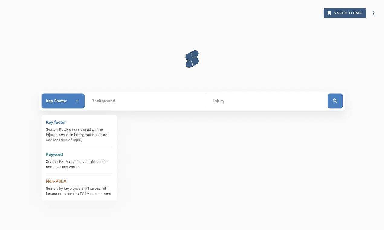 The Litex v3 search bar with a dropdown offering Key factor, Keyword and Non-PSLA search modes