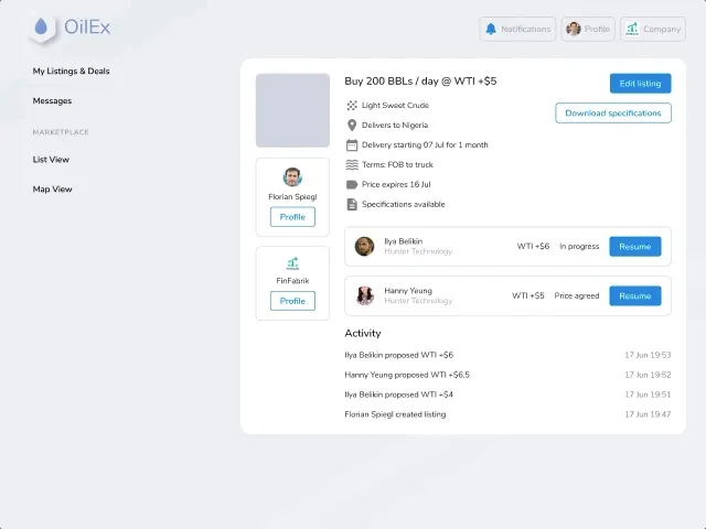 The OilEx deal activity log, listing recorded deal actions chronologically