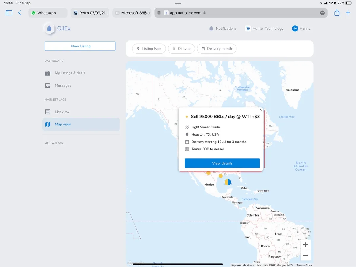 The OilEx marketplace map view, plotting listings geographically