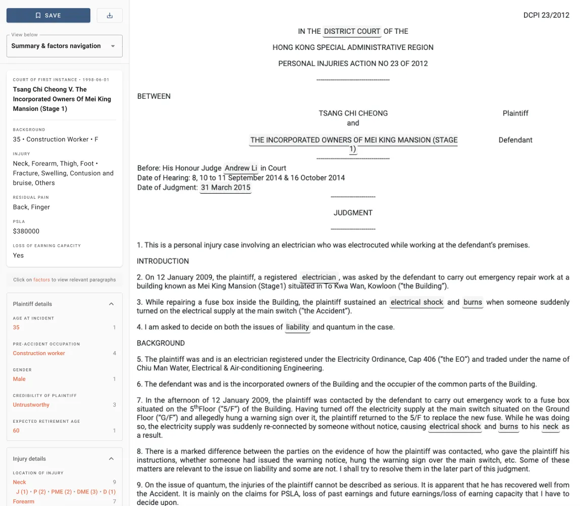 Litex v3 case authority view with summary and jump-to-factor navigation