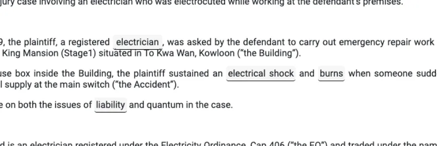 A case authority document with tagged contents underlined